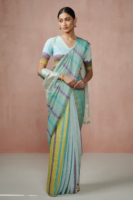 Shop Dressfolk Green Linen Teal Stripe Handloom Saree With Running Blouse at Aza Fashions Shop_Dressfolk_Green Linen Teal Stripe Handloom Saree With Running Blouse _at_Aza_Fashions
