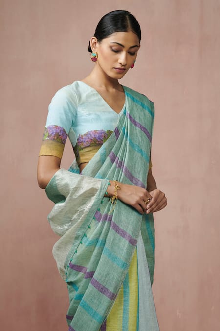 Dressfolk Green Linen Teal Stripe Handloom Saree With Running Blouse Online at Aza Fashions Dressfolk_Green Linen Teal Stripe Handloom Saree With Running Blouse _Online_at_Aza_Fashions