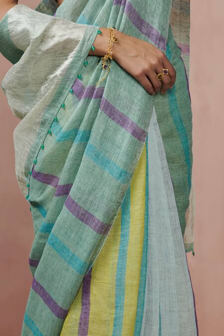 Buy Dressfolk Green Linen Teal Stripe Handloom Saree With Running Blouse Online at Aza Fashions Buy_Dressfolk_Green Linen Teal Stripe Handloom Saree With Running Blouse _Online_at_Aza_Fashions