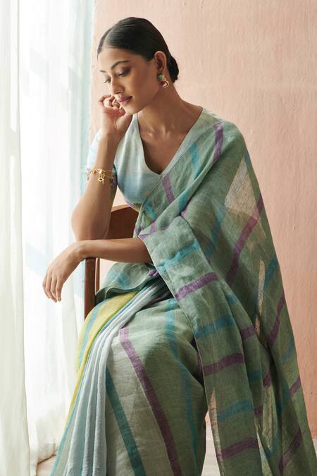 Shop Dressfolk Green Linen Teal Stripe Handloom Saree With Running Blouse Online at Aza Fashions Shop_Dressfolk_Green Linen Teal Stripe Handloom Saree With Running Blouse _Online_at_Aza_Fashions