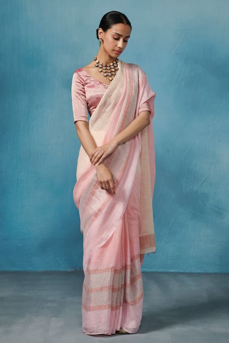 Dressfolk Cream Linen, Silk Tassels Stripe Woven Saree With Running Blouse 