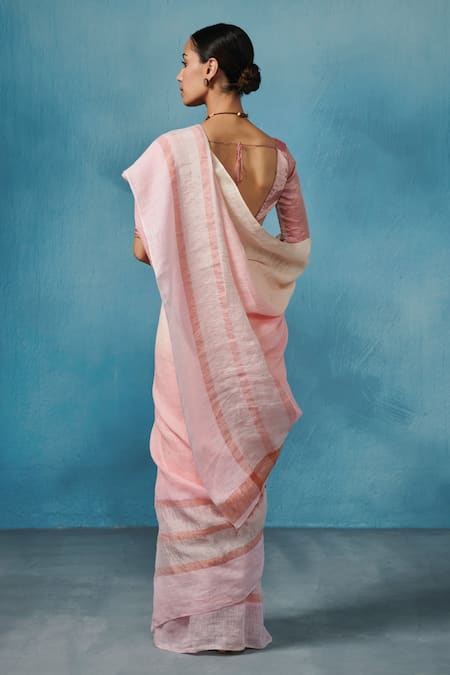 Shop Dressfolk Cream Linen, Silk Tassels Stripe Woven Saree With Running Blouse at Aza Fashions Shop_Dressfolk_Cream Linen, Silk Tassels Stripe Woven Saree With Running Blouse _at_Aza_Fashions