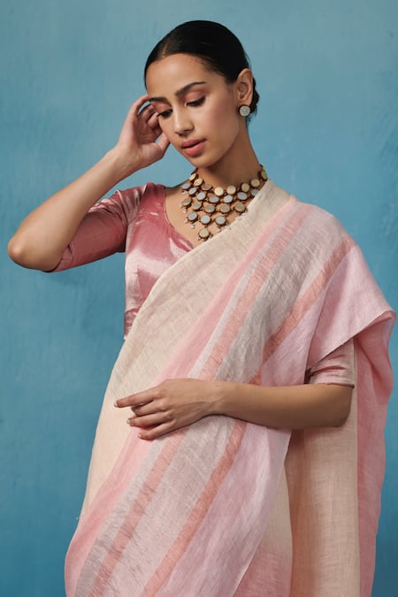 Buy Dressfolk Cream Linen, Silk Tassels Stripe Woven Saree With Running Blouse Online at Aza Fashions Buy_Dressfolk_Cream Linen, Silk Tassels Stripe Woven Saree With Running Blouse _Online_at_Aza_Fashions