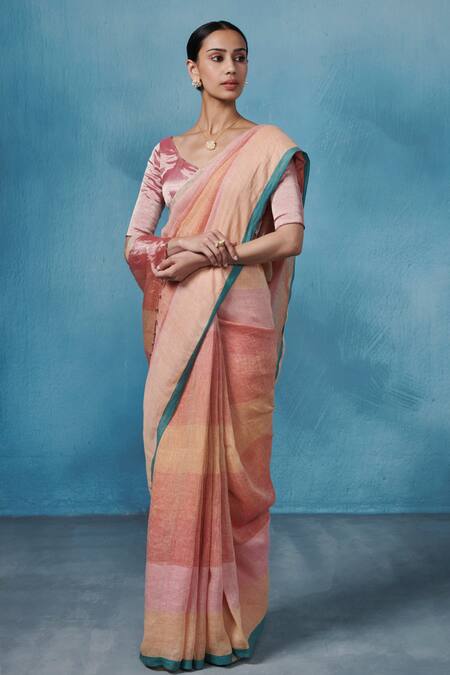Dressfolk_Orange Linen Tassels Light Stripe Saree With Running Blouse _Online_at_Aza_Fashions