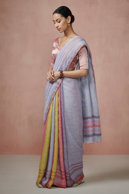 Dressfolk_Blue Linen Tassels Greyish Handloom Woven Saree With Running Blouse _Online_at_Aza_Fashions