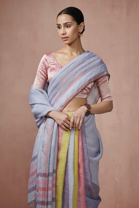 Shop_Dressfolk_Blue Linen Tassels Greyish Handloom Woven Saree With Running Blouse _Online_at_Aza_Fashions