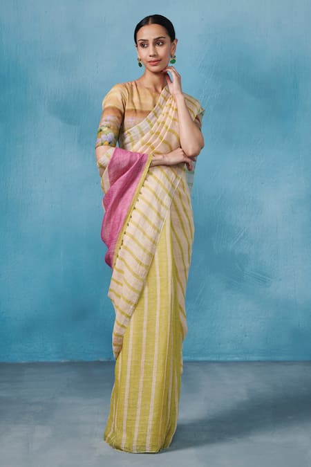 Dressfolk_Green Linen, Lurex Tassels Woven Stripe Saree With Running Blouse _Online_at_Aza_Fashions