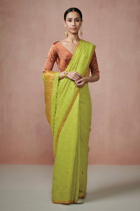 Dressfolk_Green Linen, Lurex Zari Lime Butti Handloom Saree With Running Blouse_Online_at_Aza_Fashions