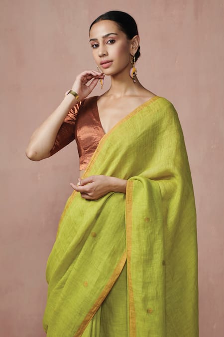 Buy_Dressfolk_Green Linen, Lurex Zari Lime Butti Handloom Saree With Running Blouse_Online_at_Aza_Fashions