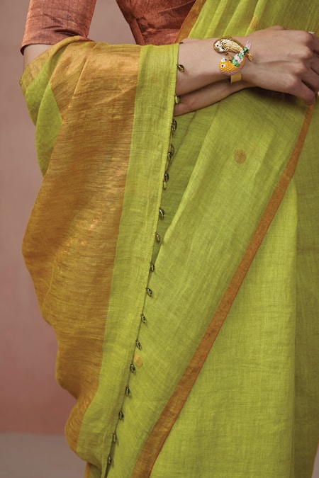 Shop_Dressfolk_Green Linen, Lurex Zari Lime Butti Handloom Saree With Running Blouse_Online_at_Aza_Fashions