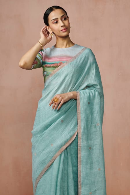Buy Dressfolk Blue Linen, Silk Tassels Handloom Zari Stripe Saree With Running Blouse Online at Aza Fashions Buy_Dressfolk_Blue Linen, Silk Tassels Handloom Zari Stripe Saree With Running Blouse_Online_at_Aza_Fashions