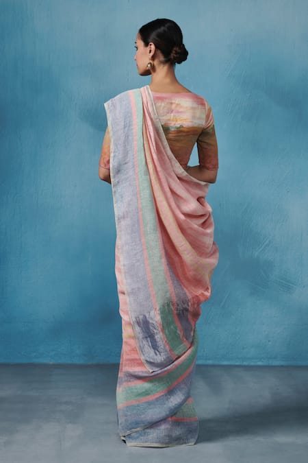 Shop Dressfolk Pink Linen Handwoven Stripe Saree With Running Blouse at Aza Fashions Shop_Dressfolk_Pink Linen Handwoven Stripe Saree With Running Blouse _at_Aza_Fashions