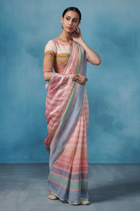 Dressfolk Pink Linen Handwoven Stripe Saree With Running Blouse Online at Aza Fashions Dressfolk_Pink Linen Handwoven Stripe Saree With Running Blouse _Online_at_Aza_Fashions