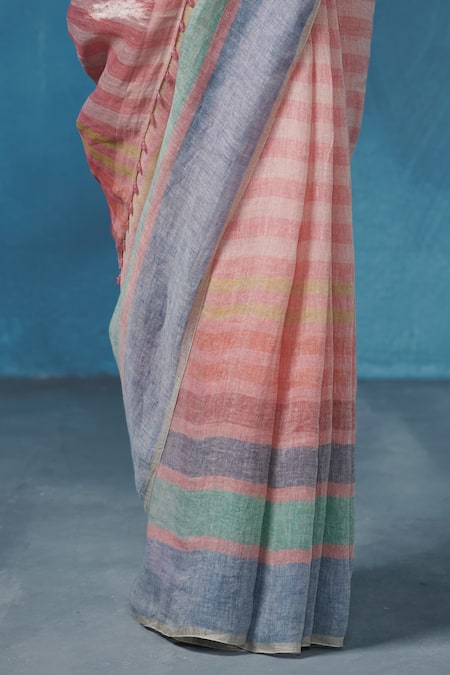 Buy Dressfolk Pink Linen Handwoven Stripe Saree With Running Blouse Online at Aza Fashions Buy_Dressfolk_Pink Linen Handwoven Stripe Saree With Running Blouse _Online_at_Aza_Fashions