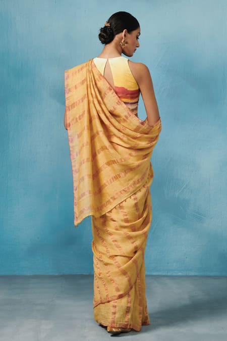 Shop Dressfolk Yellow Linen Zari Woven Stripe Saree With Running Blouse at Aza Fashions Shop_Dressfolk_Yellow Linen Zari Woven Stripe Saree With Running Blouse _at_Aza_Fashions