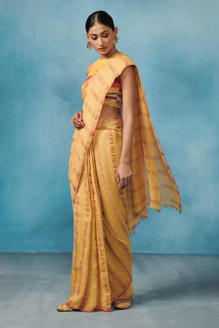 Dressfolk Yellow Linen Zari Woven Stripe Saree With Running Blouse Online at Aza Fashions Dressfolk_Yellow Linen Zari Woven Stripe Saree With Running Blouse _Online_at_Aza_Fashions