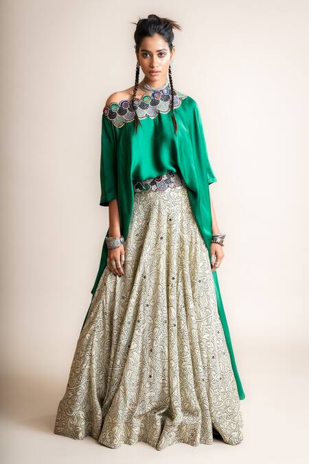 Buy_Nupur Kanoi_White Crepe, Satin Beads, Sequins, Embroidery One Top And Printed Lehenga Set_Online_at_Aza_Fashions