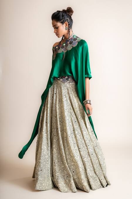 Nupur Kanoi_White Crepe, Satin Beads, Sequins, Embroidery One Top And Printed Lehenga Set_at_Aza_Fashions