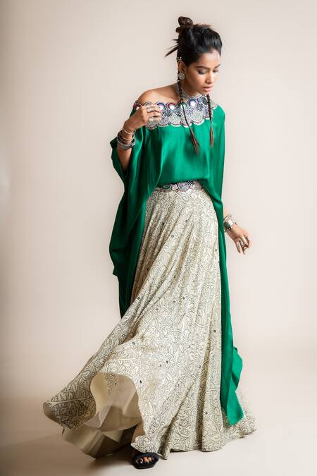 Buy_Nupur Kanoi_White Crepe, Satin Beads, Sequins, Embroidery One Top And Printed Lehenga Set