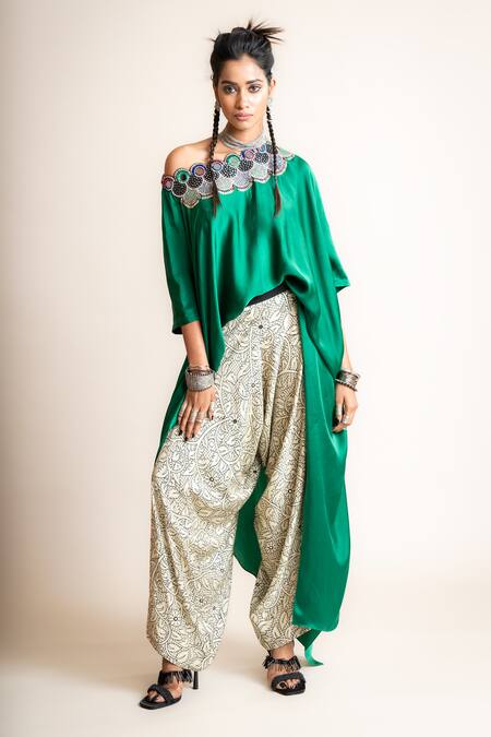 Buy Nupur Kanoi White Silk, Crepe Beads, Sequins, Embroidery One Shoulder Top And Draped Pant Set Online at Aza Fashions Buy_Nupur Kanoi_White Silk, Crepe Beads, Sequins, Embroidery One Shoulder Top And Draped Pant Set_Online_at_Aza_Fashions