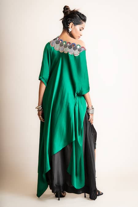 Shop Nupur Kanoi Emerald Green Satin Sequins, Beads Off-shoulder Top And Black Skirt Set at Aza Fashions Shop_Nupur Kanoi_Emerald Green Satin Sequins, Beads Off-shoulder Top And Black Skirt Set_at_Aza_Fashions