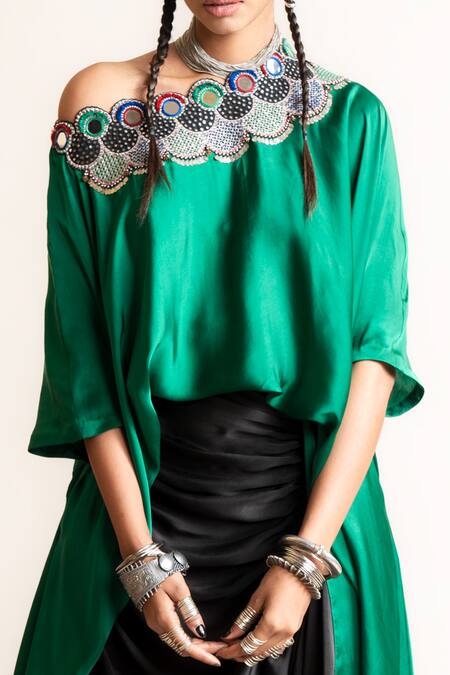 Nupur Kanoi Emerald Green Satin Sequins, Beads Off-shoulder Top And Black Skirt Set Online at Aza Fashions Nupur Kanoi_Emerald Green Satin Sequins, Beads Off-shoulder Top And Black Skirt Set_Online_at_Aza_Fashions