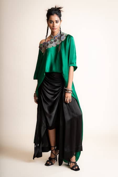 Buy Nupur Kanoi Emerald Green Satin Sequins, Beads Off-shoulder Top And Black Skirt Set Online at Aza Fashions Buy_Nupur Kanoi_Emerald Green Satin Sequins, Beads Off-shoulder Top And Black Skirt Set_Online_at_Aza_Fashions