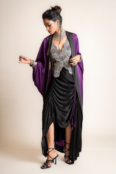 Buy Nupur Kanoi Black Satin, Crepe Sequins, Beads, Embroidery Scoop Neck Hand Cape Skirt Set Online at Aza Fashions Buy_Nupur Kanoi_Black Satin, Crepe Sequins, Beads, Embroidery Scoop Neck Hand Cape Skirt Set_Online_at_Aza_Fashions