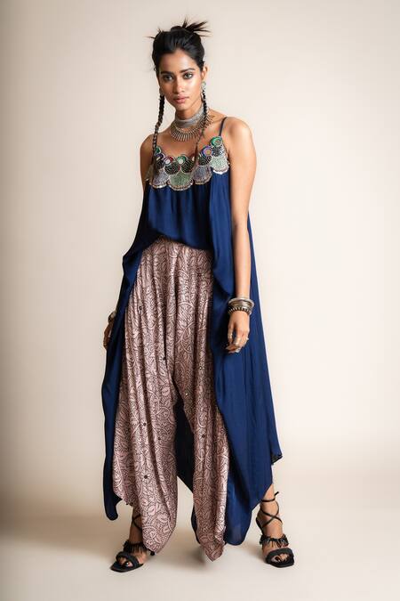 Buy_Nupur Kanoi_Blue Satin, Crepe Beads, Sequins Round Neck Embroidered Top And Printed Pant Set_Online_at_Aza_Fashions