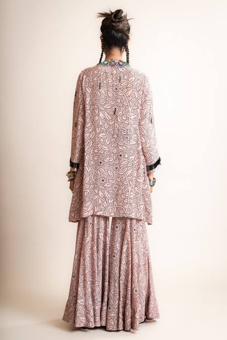 Shop_Nupur Kanoi_Pink Crepe Embroidery, Sequins, Beads Floral Print Short Kurta And Gharara Set_at_Aza_Fashions