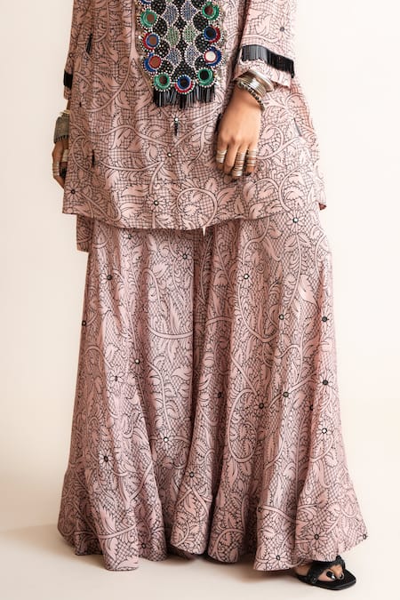 Nupur Kanoi_Pink Crepe Embroidery, Sequins, Beads Floral Print Short Kurta And Gharara Set_Online_at_Aza_Fashions