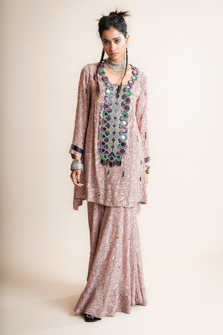 Buy_Nupur Kanoi_Pink Crepe Embroidery, Sequins, Beads Floral Print Short Kurta And Gharara Set_Online_at_Aza_Fashions