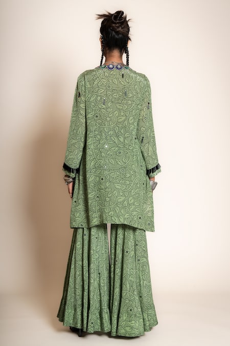 Shop Nupur Kanoi Green Crepe Embroidery, Sequins, Beads Round Floral Print Kurta And Gharara Set at Aza Fashions Shop_Nupur Kanoi_Green Crepe Embroidery, Sequins, Beads Round Floral Print Kurta And Gharara Set_at_Aza_Fashions