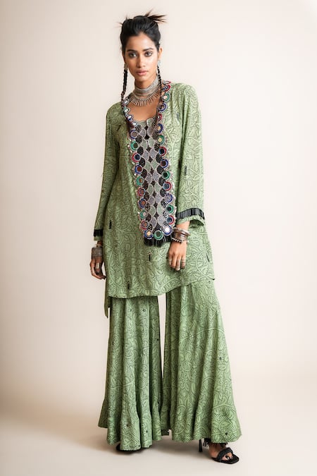 Nupur Kanoi Green Crepe Embroidery, Sequins, Beads Round Floral Print Kurta And Gharara Set Online at Aza Fashions Nupur Kanoi_Green Crepe Embroidery, Sequins, Beads Round Floral Print Kurta And Gharara Set_Online_at_Aza_Fashions