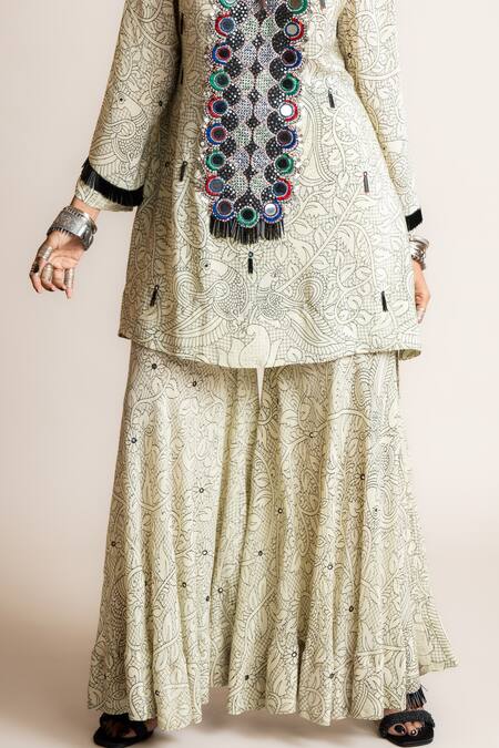 Nupur Kanoi White Crepe Embroidery, Sequins, Beads Floral Pattern Short Kurta And Gharara Set Online at Aza Fashions Nupur Kanoi_White Crepe Embroidery, Sequins, Beads Floral Pattern Short Kurta And Gharara Set_Online_at_Aza_Fashions