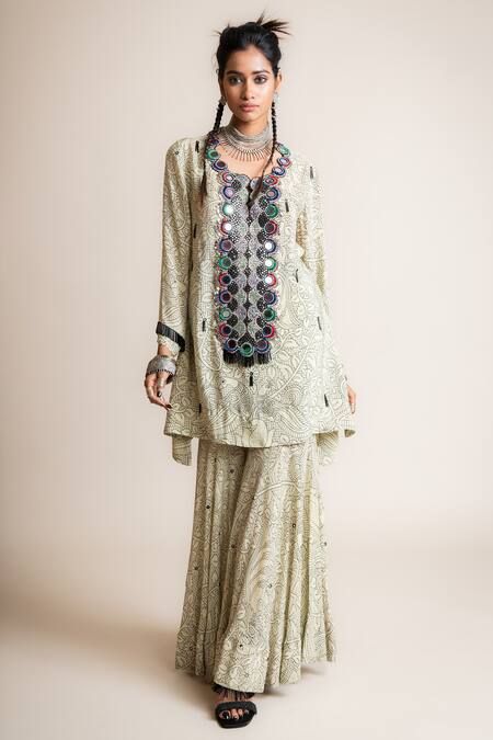 Shop Nupur Kanoi White Crepe Embroidery, Sequins, Beads Floral Pattern Short Kurta And Gharara Set Online at Aza Fashions Shop_Nupur Kanoi_White Crepe Embroidery, Sequins, Beads Floral Pattern Short Kurta And Gharara Set_Online_at_Aza_Fashions