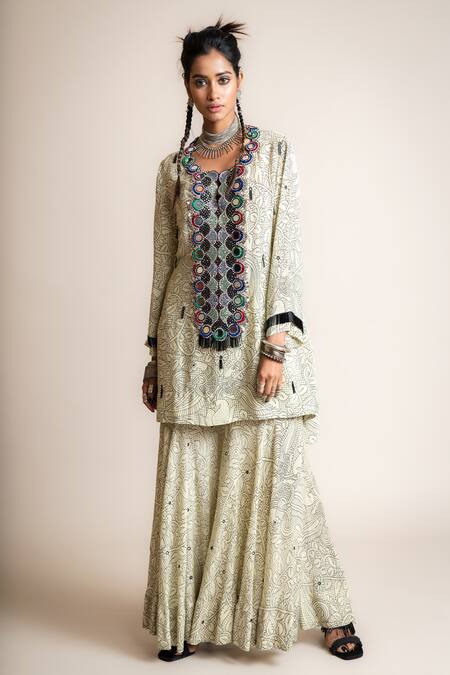 Nupur Kanoi White Crepe Embroidery, Sequins, Beads Floral Pattern Short Kurta And Gharara Set at Aza Fashions Nupur Kanoi_White Crepe Embroidery, Sequins, Beads Floral Pattern Short Kurta And Gharara Set_at_Aza_Fashions