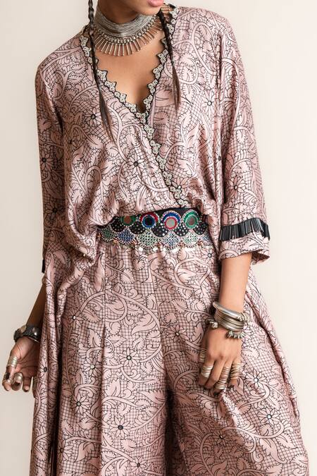 Nupur Kanoi_Pink Crepe Beads, Sequins V-neck Floral Print Wrap Jumpsuit_Online_at_Aza_Fashions