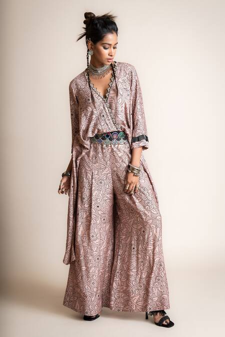Buy_Nupur Kanoi_Pink Crepe Beads, Sequins V-neck Floral Print Wrap Jumpsuit_Online_at_Aza_Fashions