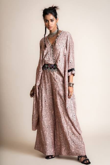 Shop_Nupur Kanoi_Pink Crepe Beads, Sequins V-neck Floral Print Wrap Jumpsuit_Online_at_Aza_Fashions