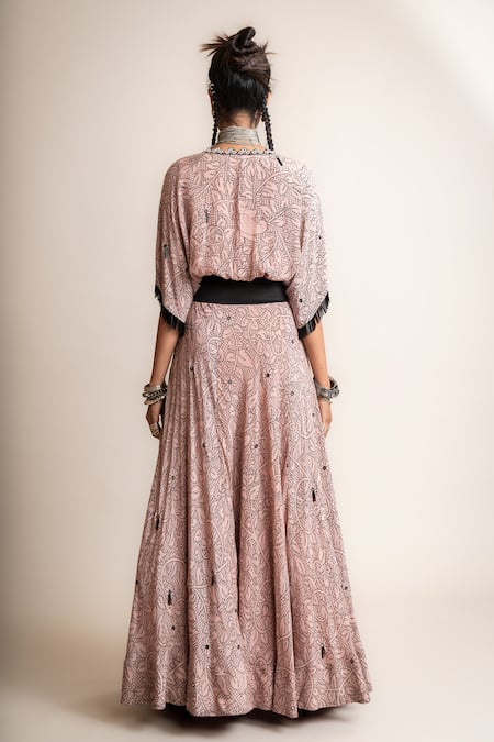 Shop Nupur Kanoi Pink Crepe Beads, Sequins V-neck Floral Print Kaftan Top And Lehenga Set at Aza Fashions Shop_Nupur Kanoi_Pink Crepe Beads, Sequins V-neck Floral Print Kaftan Top And Lehenga Set_at_Aza_Fashions