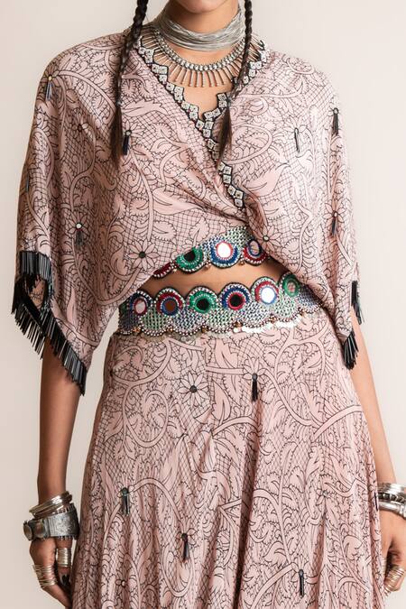 Nupur Kanoi Pink Crepe Beads, Sequins V-neck Floral Print Kaftan Top And Lehenga Set Online at Aza Fashions Nupur Kanoi_Pink Crepe Beads, Sequins V-neck Floral Print Kaftan Top And Lehenga Set_Online_at_Aza_Fashions