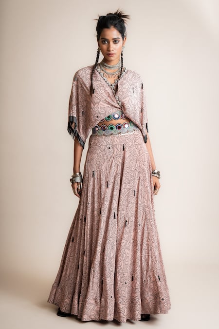 Buy Nupur Kanoi Pink Crepe Beads, Sequins V-neck Floral Print Kaftan Top And Lehenga Set Online at Aza Fashions Buy_Nupur Kanoi_Pink Crepe Beads, Sequins V-neck Floral Print Kaftan Top And Lehenga Set_Online_at_Aza_Fashions