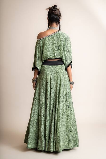 Shop Nupur Kanoi Green Crepe Beads, Sequins Floral Print Off-shoulder Top And Lehenga Set at Aza Fashions Shop_Nupur Kanoi_Green Crepe Beads, Sequins Floral Print Off-shoulder Top And Lehenga Set_at_Aza_Fashions