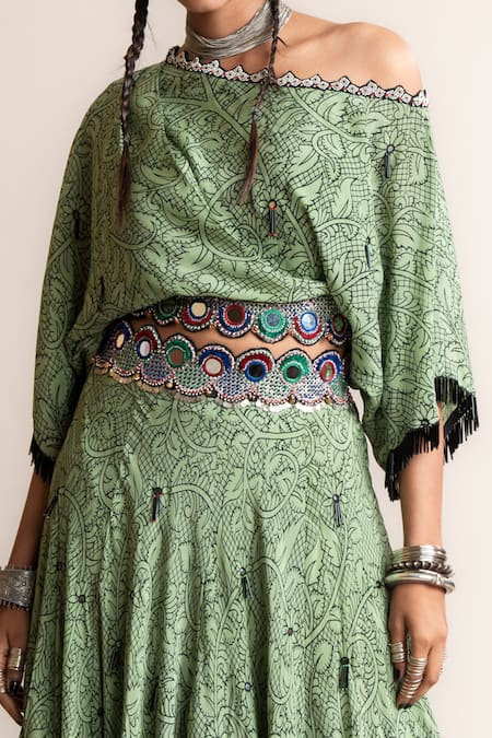 Nupur Kanoi Green Crepe Beads, Sequins Floral Print Off-shoulder Top And Lehenga Set Online at Aza Fashions Nupur Kanoi_Green Crepe Beads, Sequins Floral Print Off-shoulder Top And Lehenga Set_Online_at_Aza_Fashions