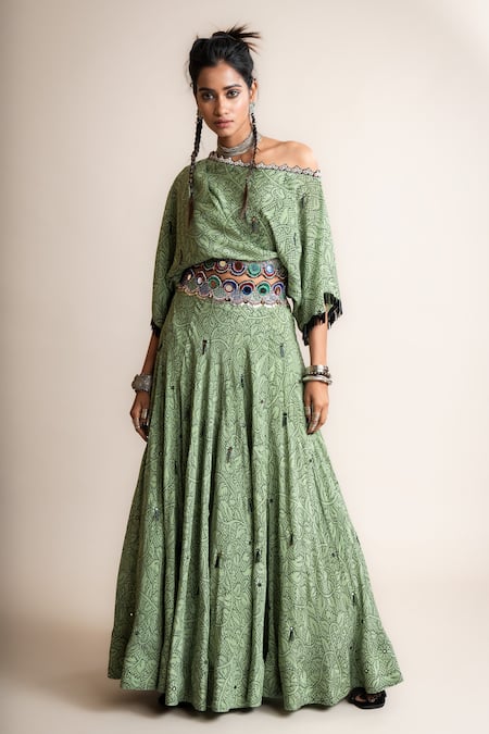 Buy Nupur Kanoi Green Crepe Beads, Sequins Floral Print Off-shoulder Top And Lehenga Set Online at Aza Fashions Buy_Nupur Kanoi_Green Crepe Beads, Sequins Floral Print Off-shoulder Top And Lehenga Set_Online_at_Aza_Fashions