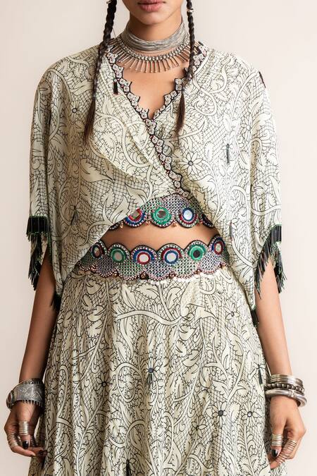 Nupur Kanoi White Crepe Beads, Sequins, Embroidery Floral Pattern Kaftan Top And Lehenga Set Online at Aza Fashions Nupur Kanoi_White Crepe Beads, Sequins, Embroidery Floral Pattern Kaftan Top And Lehenga Set_Online_at_Aza_Fashions