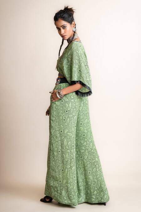Shop Nupur Kanoi Green Crepe Beads, Sequins V-neck Floral Print Kaftan Top And A-line Pant Set at Aza Fashions Shop_Nupur Kanoi_Green Crepe Beads, Sequins V-neck Floral Print Kaftan Top And A-line Pant Set_at_Aza_Fashions