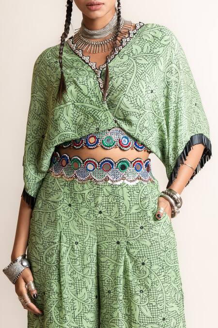 Nupur Kanoi Green Crepe Beads, Sequins V-neck Floral Print Kaftan Top And A-line Pant Set Online at Aza Fashions Nupur Kanoi_Green Crepe Beads, Sequins V-neck Floral Print Kaftan Top And A-line Pant Set_Online_at_Aza_Fashions