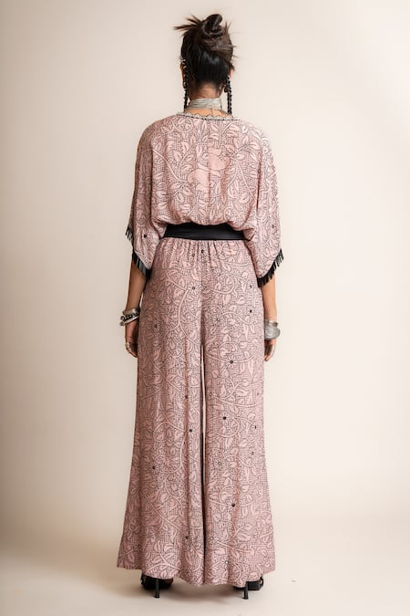 Shop Nupur Kanoi Pink Crepe Sequins, Beads, Embroidery Floral Pattern Kaftan Top And Pant Set at Aza Fashions Shop_Nupur Kanoi_Pink Crepe Sequins, Beads, Embroidery Floral Pattern Kaftan Top And Pant Set_at_Aza_Fashions